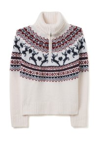Maglione color crema con collo alto a coste e zip al quarto. Presenta un motivo a yoke in bordeaux e blu navy con renne e disegni geometrici.