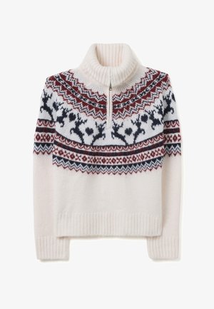 Pull crème avec un col montant côtelé et une fermeture éclair 1/4. Présente un empiècement à motif en bordeaux et marine avec des rennes et des motifs géométriques.