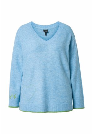 Lyseblå sweater med v-udskæring, løs pasform og lange ærmer. Har grønne detaljer på kanten og broderet "LOVE" samt hjerte-detalje.