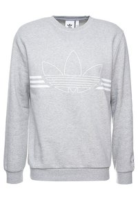 Grå sweatshirt i bomullsblandning, med en vit konturerad logotyp och tre horisontella ränder över bröstet. Rund halsringning, långa ärmar.