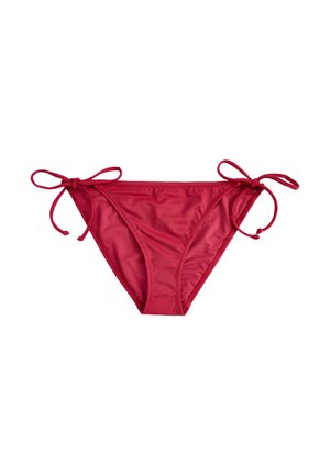Rød bikini bund lavet af glat stof med justerbare snore på hver side. Har et klassisk lavtaljet design.