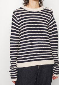 Pull rayé aux couleurs marine et crème, texture tricotée, encolure ronde et accents de boutons sur l'épaule. Coupe ample, manches longues.