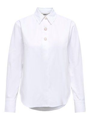 Balti ilgomis rankovėmis mygtukais užsegama palaidinė su smailėjančiu apykakliu ir trimis dekoratyviniais geometriniais mygtukais priekyje ant užsegimo juostos.