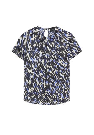 Blouse manches courtes avec motif abstrait tacheté noir, bleu et blanc et fermeture par bouton à œillet au dos du col.