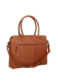 Braune Lederhandtasche mit zwei oberen Griffen, einem abnehmbaren Schulterriemen und einer vorderen Reißverschlusstasche; zeichnet sich durch eine glatte Textur und eine strukturierte Form aus.