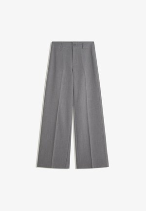 Gray wide-leg trousers made from a textured fabric, featuring a front button closure and two side pockets.