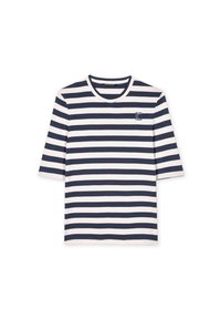 Navy and white striped short-sleeve t-shirt made of cotton. Round neckline with a small navy logo patch on the left side. Regular fit.