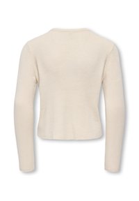 Krämfärgad ribbstickad tröja med långa ärmar och rund halsringning; mjuk textur, kort design och subtila sömnadsdetaljer.
