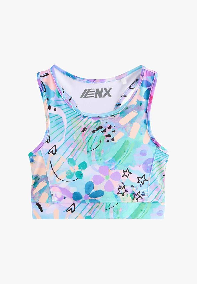 Colorful sports bra with abstract pastel floral and star patterns in blue, green, purple, and peach tones with NX logo inside collar.