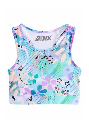 Top de sport court dans des couleurs pastel, présentant un mélange de motifs abstraits, de designs floraux et d'accents noirs. Fabriqué en tissu élastique.