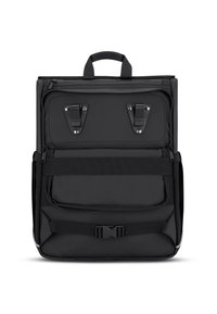 Fekete hátizsák dupla felső fogantyúkkal, két klipszel és egy elülső cipzáras zsebbel. Párnázott hátlappal és állítható pántokkal a kényelmes viselet érdekében.