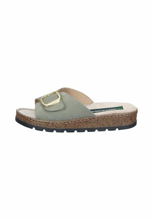 Green open-toe slide sandal with adjustable gold buckle, cork-textured sole, and black rubber tread.