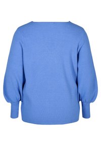 Blauer gestrickter Pullover mit gerippter Textur, weiten Ballonärmeln und einer lockeren Passform. Die Rückseite hat ein einfaches, klares Design ohne Verzierungen.