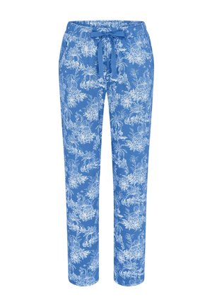 Blue pants with white floral print, elastic waistband, and front drawstring tie, straight-leg style.