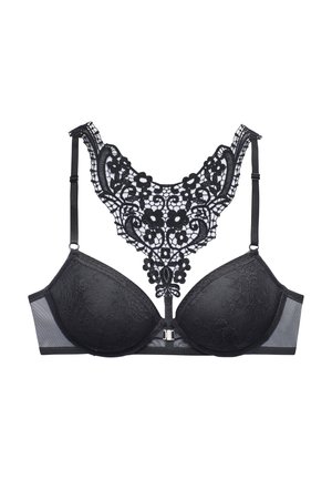 Zwarte kanten beha met padded cups, een intricaat bloemig kantontwerp in het midden, verstelbare bandjes en een metalen sluiting aan de voorkant.