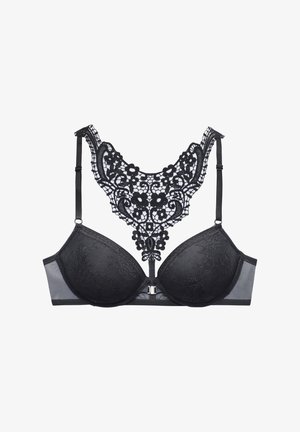 Melnā mežģīņu krūšturis ar polsterētām krūšu daļām, sarežģītu ziedu mežģīņu dizainu centrā, regulējamiem siksniņām un metāla priekšējo aizdari.