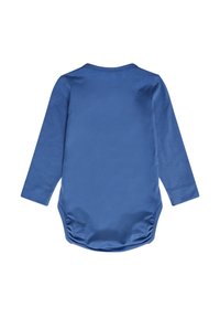 Långärmad babydräkt i solid blå bomull, med rund halsringning och elastisk nederdel för enkel blöjbyte.