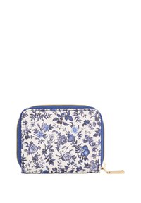 Mali pravokutni novčanik sa patentnim zatvaračem, plavi cvjetni uzorak na bijeloj podlozi i zlatnim povlačenjem.