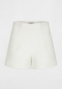 Shorts bianchi con texture e vita alta, dotati di due tasche con zip frontali e una finitura in tessuto liscio, progettati per il tempo libero.