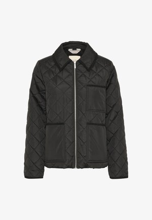 Veste matelassée noire avec un col, fermeture éclair sur le devant et deux poches plaquées. Texture lisse avec des accents noirs contrastants.
