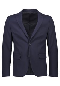 Blazer da uomo blu navale con revers a punte, chiusura frontale a due bottoni, tasche a ribalta e una fodera interna nera liscia.