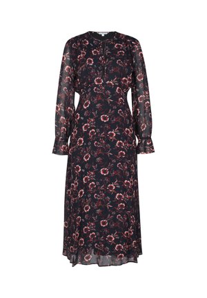Robe à manches longues florale en bleu marine avec des fleurs rouges et blanches, dotée d'un col rond et de manches transparentes avec des poignets à volants. Silhouette fluide.