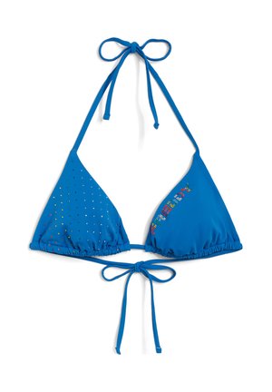 Blaue Dreiecks-Bikinioberteile mit verstellbaren Nacken- und Rückenschnüren, die farbenfrohe Strassakzente und ein gerafftes Band aufweisen. Glatte Stofftextur.