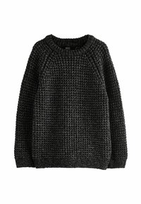 Czarny dzianinowy sweter z teksturowanym splotem, okrągłym dekoltem oraz ściągaczami przy mankietach i u dołu. Posiada rękawy raglanowe dla wygodnego dopasowania.