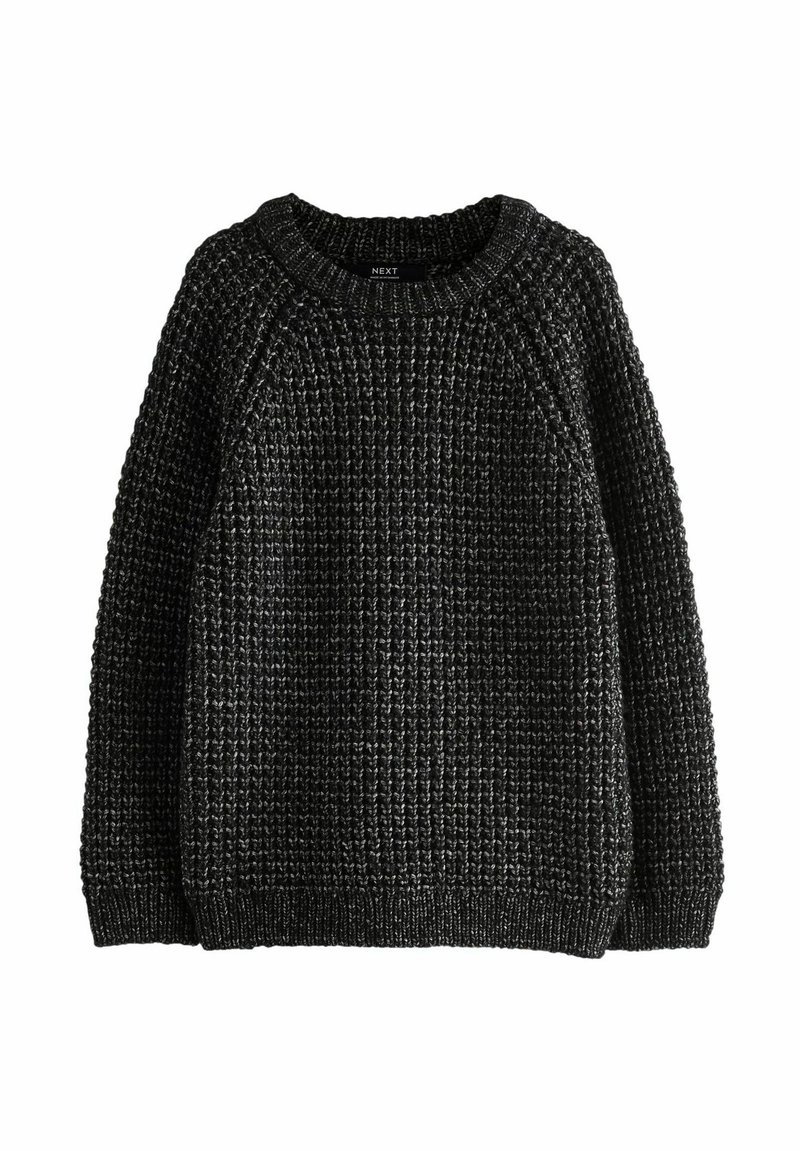 Czarny dzianinowy sweter z teksturowanym splotem, okrągłym dekoltem oraz ściągaczami przy mankietach i u dołu. Posiada rękawy raglanowe dla wygodnego dopasowania.