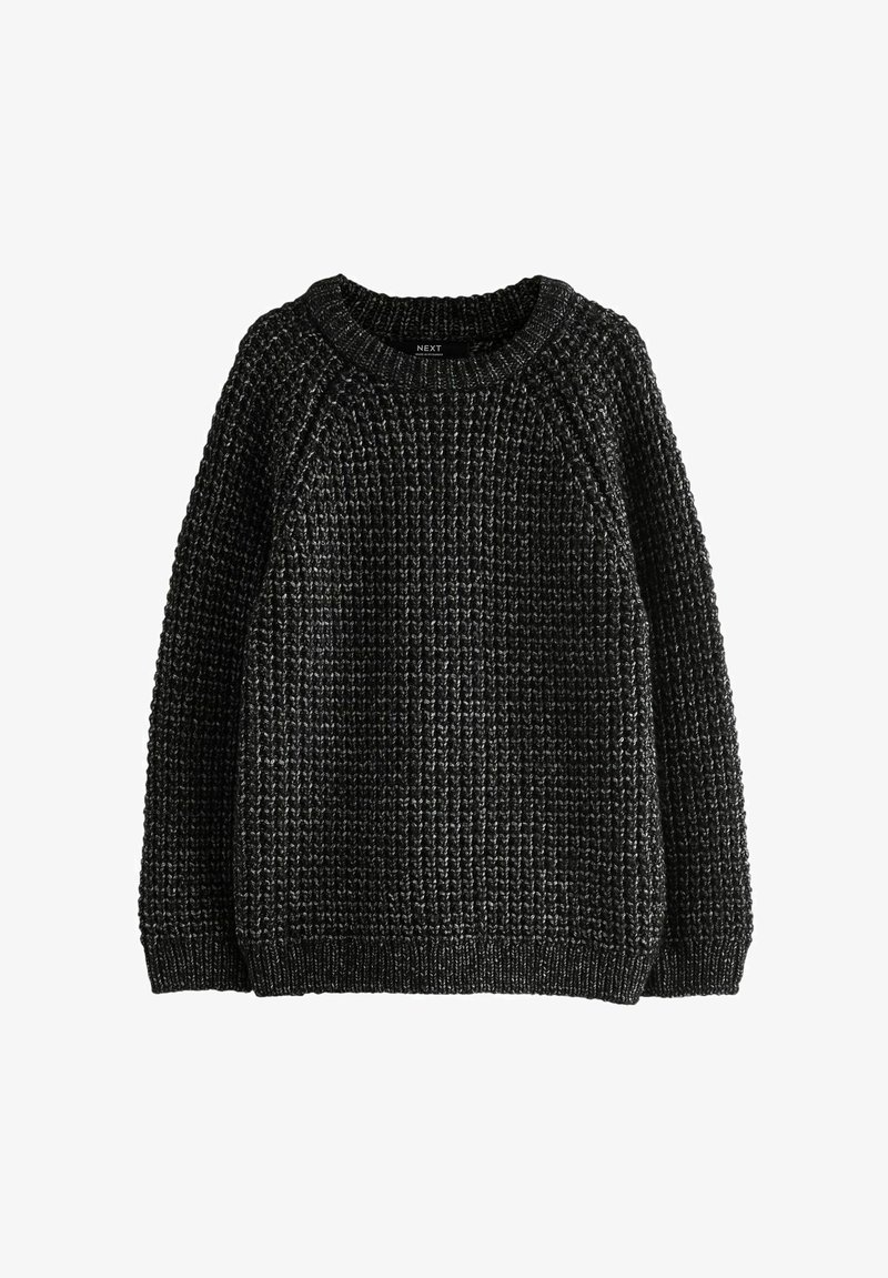Maglione nero lavorato a maglia con punto a trama, scollo a giro e polsini e orlo a coste. Presenta maniche raglan per una vestibilità comoda.