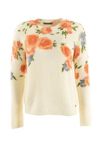 Suéter de punto crema con patrones florales en naranja y púrpura en los hombros y las mangas, puños y dobladillo acanalados, cuello redondo.