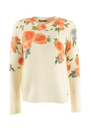 Kremasti pleteni pulover s narančastim i ljubičastim cvjetnim uzorcima na ramenima i rukavima, rebrasti rukavi i donji rub, okrugli izrez.