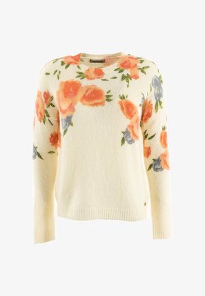 Suéter de punto crema con patrones florales en naranja y púrpura en los hombros y las mangas, puños y dobladillo acanalados, cuello redondo.