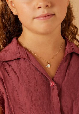 Gouden ketting met een multiculturele eenhoornhanger, gedragen over een gestructureerd, bordeauxrood overhemd met knopen en een kraag.