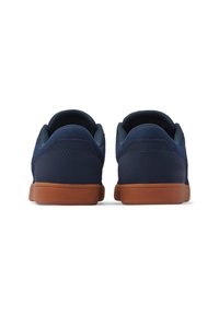 Navy blue sneakers with a smooth fabric upper, cushioned collar, and brown rubber outsole. Features minimal stitching and a simple design.