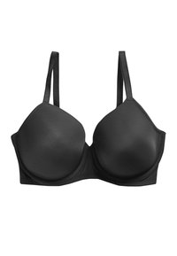 Sort BH med bøjle og polstrede skåle, justerbare stropper og glat stoftekstur. Har lukning med hægte og øje bagpå.