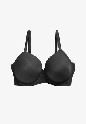 Črni nedrček z žičko, oblazinjene košarice, nastavljivi trakovi in gladka tekstura tkanine. Ima zapenjanje z zanko in kljukico na zadnji strani.