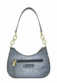 Grauem Lederhandtasche mit Krokodilprägung, geschwungener Form, goldenen Kettenakzenten und einer externen Reißverschlusstasche, die eine glatte Oberfläche aufweist.