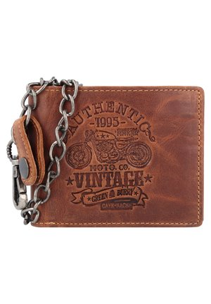 Brown leather wallet with embossed motorcycle design, metal chain attachment, and contrasting stitching, featuring a textured surface and logo details.