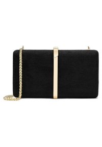 Crni suknjeni clutch s oblikom ravnog pravokutnika, s zlatnim metalnim detaljem i lancem za nošenje.
