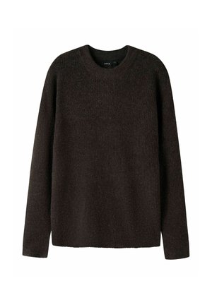 Pull brun foncé à manches longues avec col rond, fabriqué en tissu tricoté doux et texturé, présenté sur fond blanc.