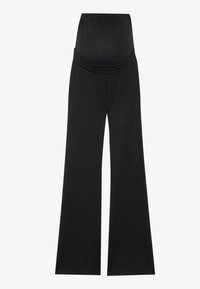 Schwarze Umstandshosen mit einem breiten Bund und ausgestellten Beinen. Hergestellt aus weichem, dehnbarem Stoff für optimalen Komfort. Keine sichtbaren Muster oder Beschläge.
