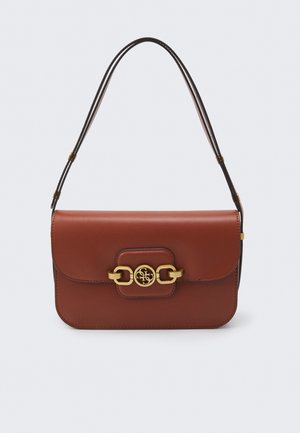 Brown rectangular leather shoulder bag with gold-tone clasp featuring interlocking circular design and adjustable double strap.