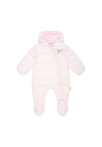 Mono de nieve rosa acolchado para bebé con capucha, cremallera completa, patas y un parche de oso en el pecho. Textura suave y diseño aislante para mantener el calor.