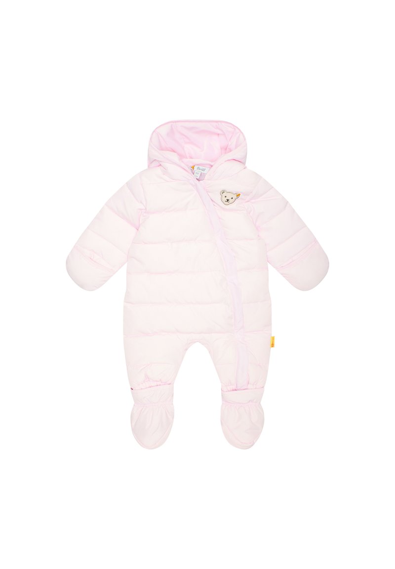 Mono de nieve rosa acolchado para bebé con capucha, cremallera completa, patas y un parche de oso en el pecho. Textura suave y diseño aislante para mantener el calor.