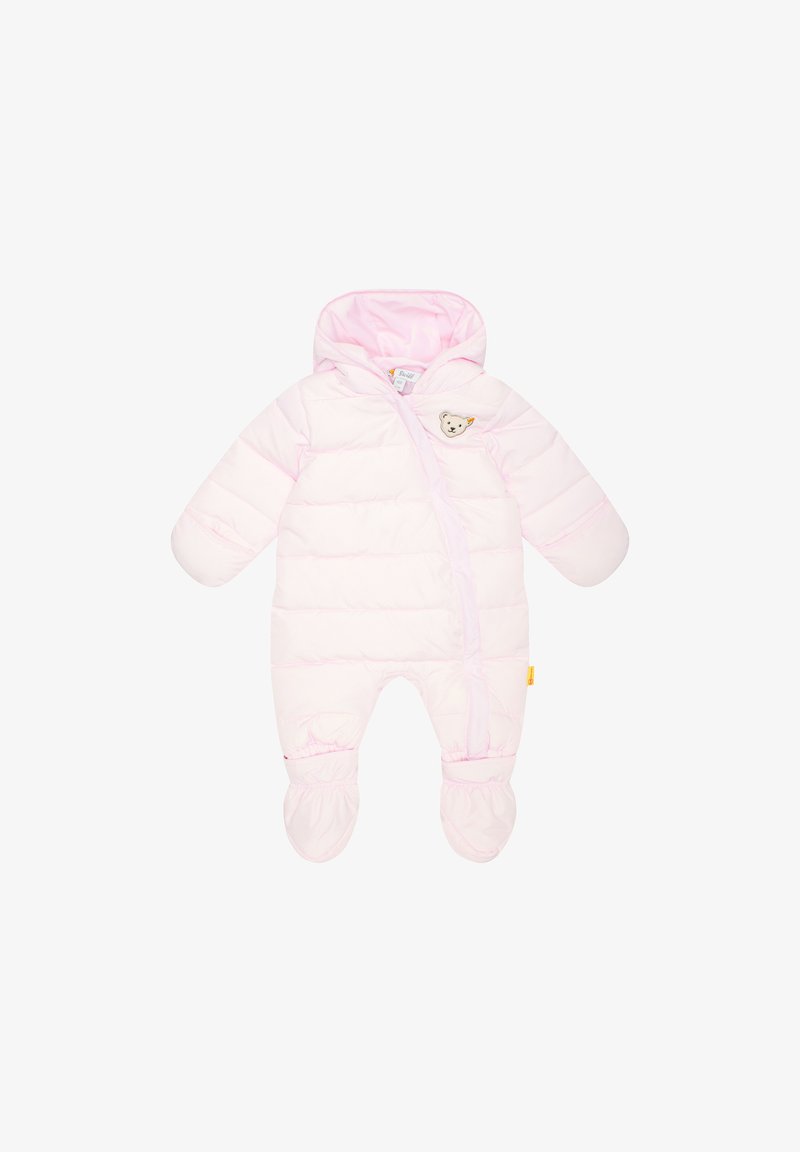 Padded pink baby snowsuit with a hood, full zipper, paws, and a bear patch on the chest. Soft texture and insulated design for warmth.