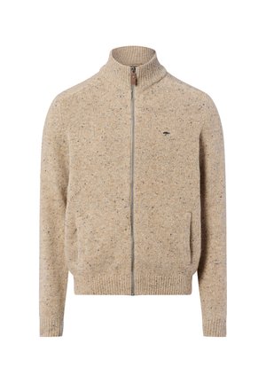 Beige gestrickter Zip-up-Pullover mit hohem Kragen, strukturiertem Muster und gerippten Bündchen. Mit kleinem Logo auf der Brust.