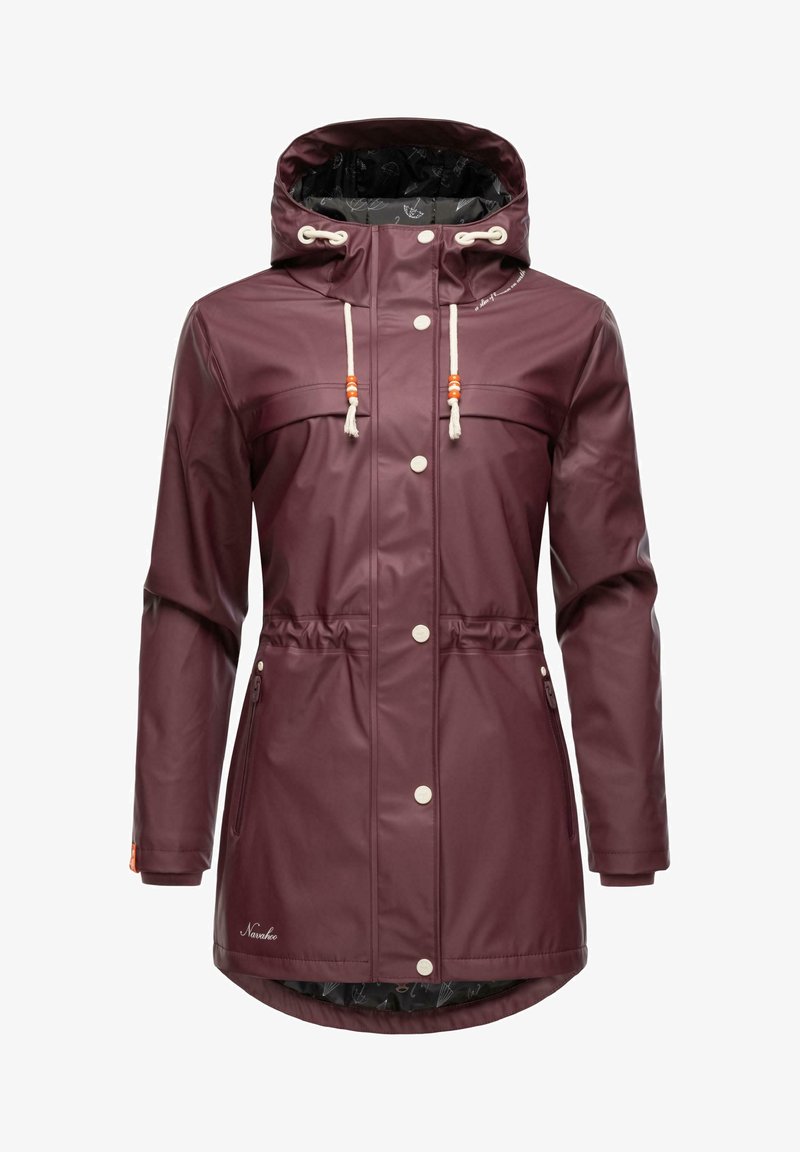Maroon waterproof jacket with a hood, elastic drawstrings, front zip pockets, snap buttons, and a slightly longer back hem.