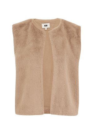 Beige nepbont vest met een open voorkant, met een zachte textuur en ronde halslijn, ontworpen zonder mouwen.