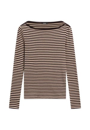 Långärmad topp med horisontella svarta och beige ränder, bred båtringning och slät tyg med figurnära, rak design.